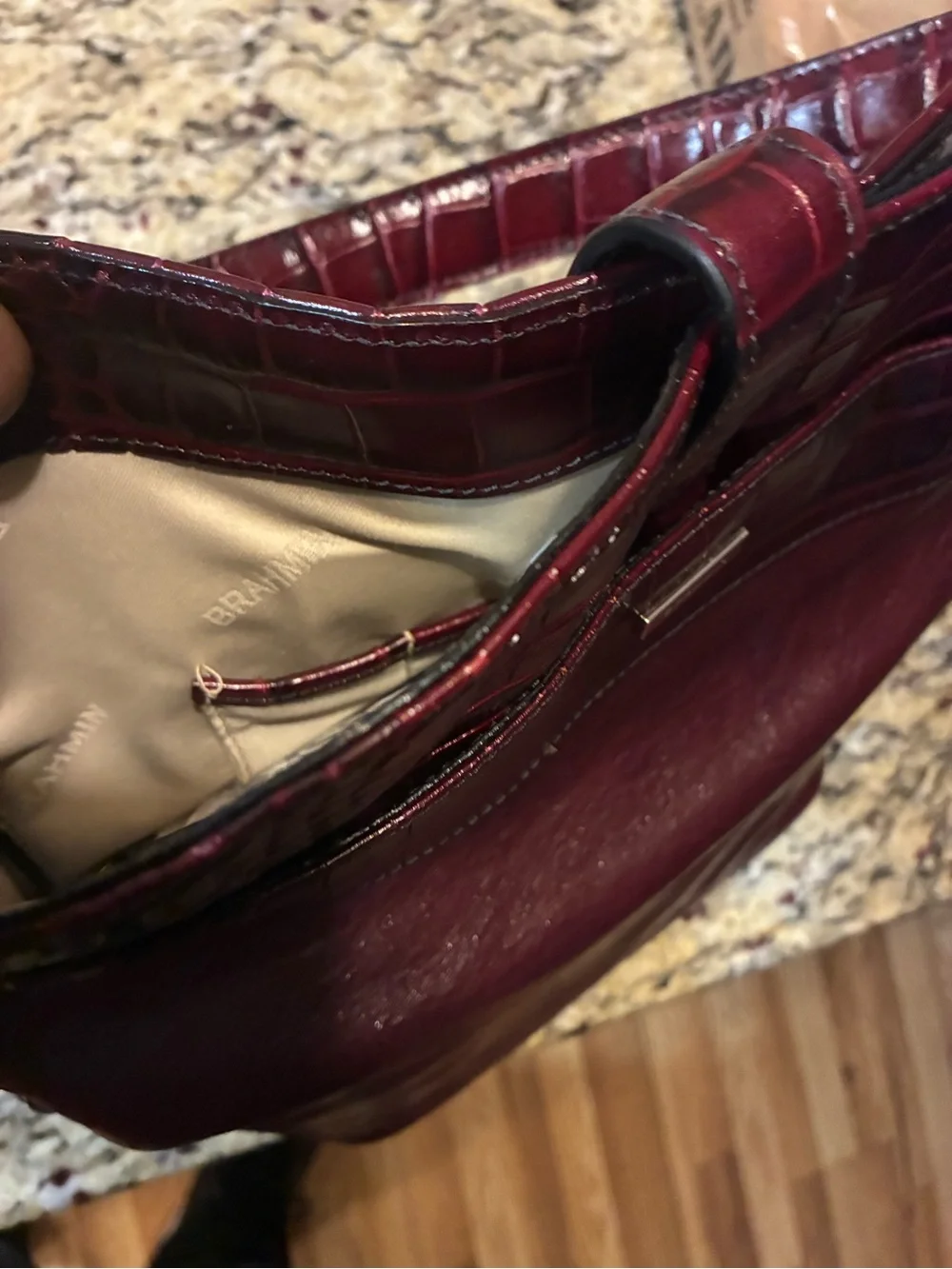 Brahmin Deep Burgundy Croc-Trim Shoulder Tote